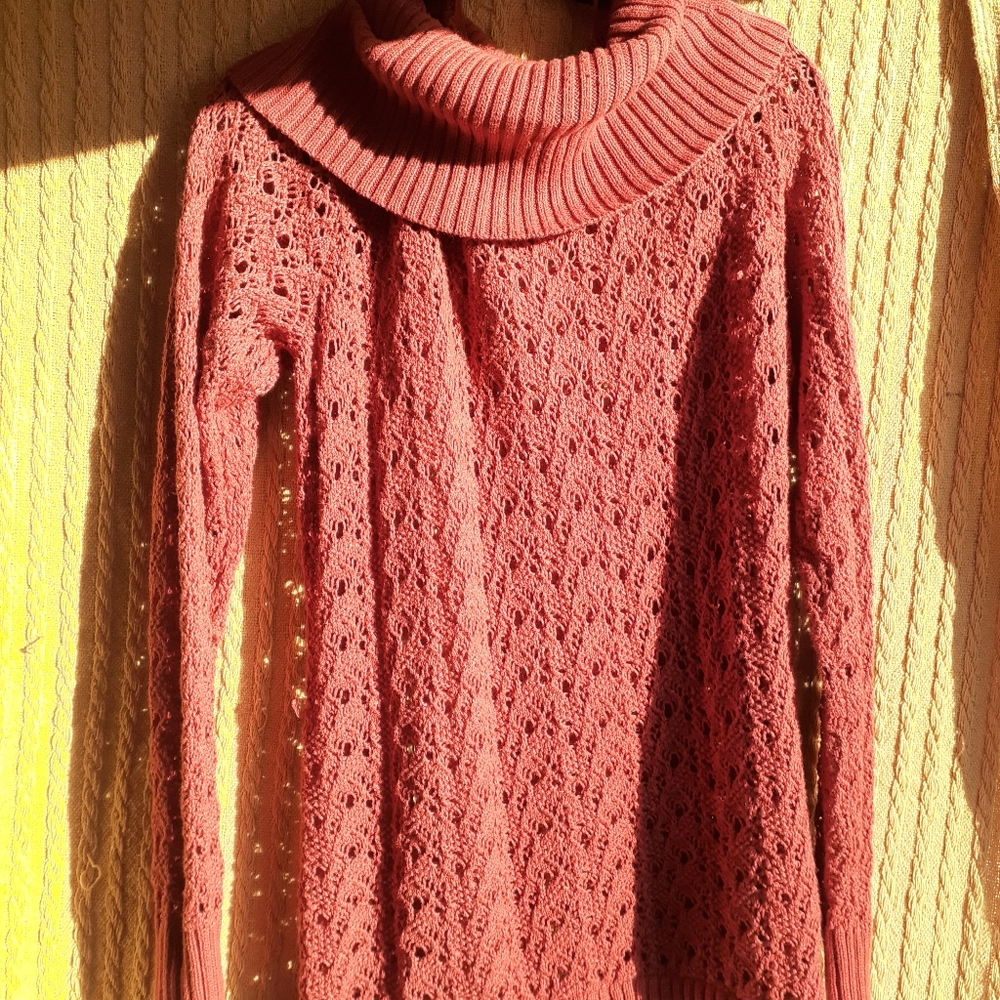 Crocheted Tunic Length Cowl Neck Sweater